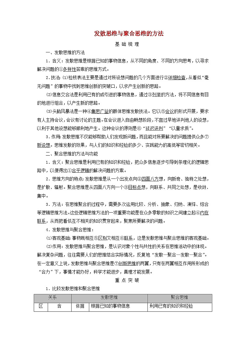 2025高考政治一轮总复习考点精析教案选择性必修3第4单元提高创新思维能力第12课创新思维要多路探索考点1发散思维与聚合思维的方法第1页