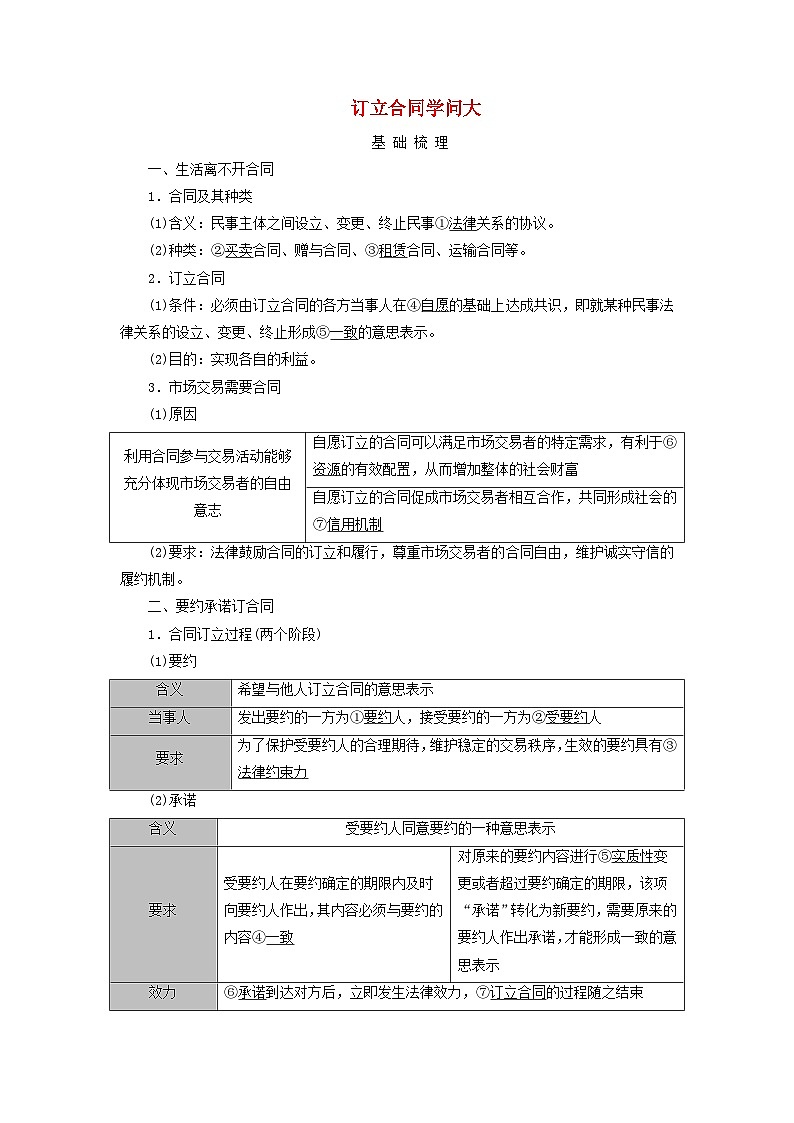 2025高考政治一轮总复习考点精析教案选择性必修2第1单元民事权利与义务第3课订约履约诚信为本考点1订立合同学问大01