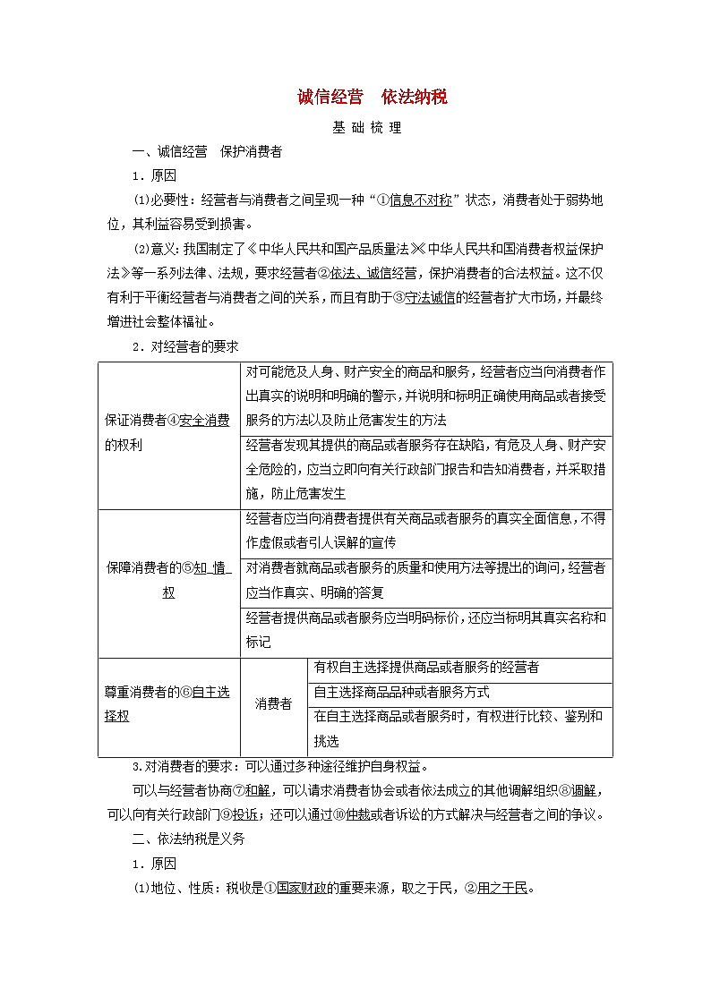2025高考政治一轮总复习考点精析教案选择性必修2第3单元就业与创业第8课自主创业与诚信经营考点2诚信经营依法纳税第1页
