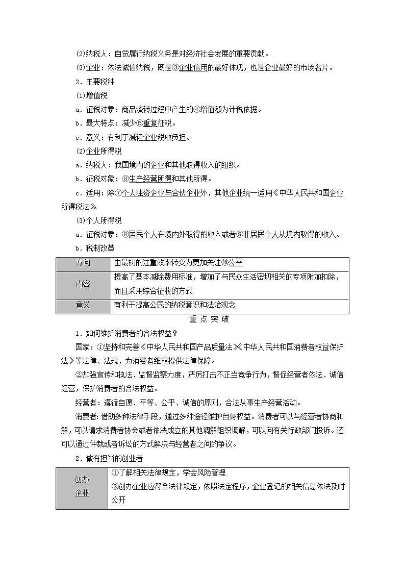 2025高考政治一轮总复习考点精析教案选择性必修2第3单元就业与创业第8课自主创业与诚信经营考点2诚信经营依法纳税第2页