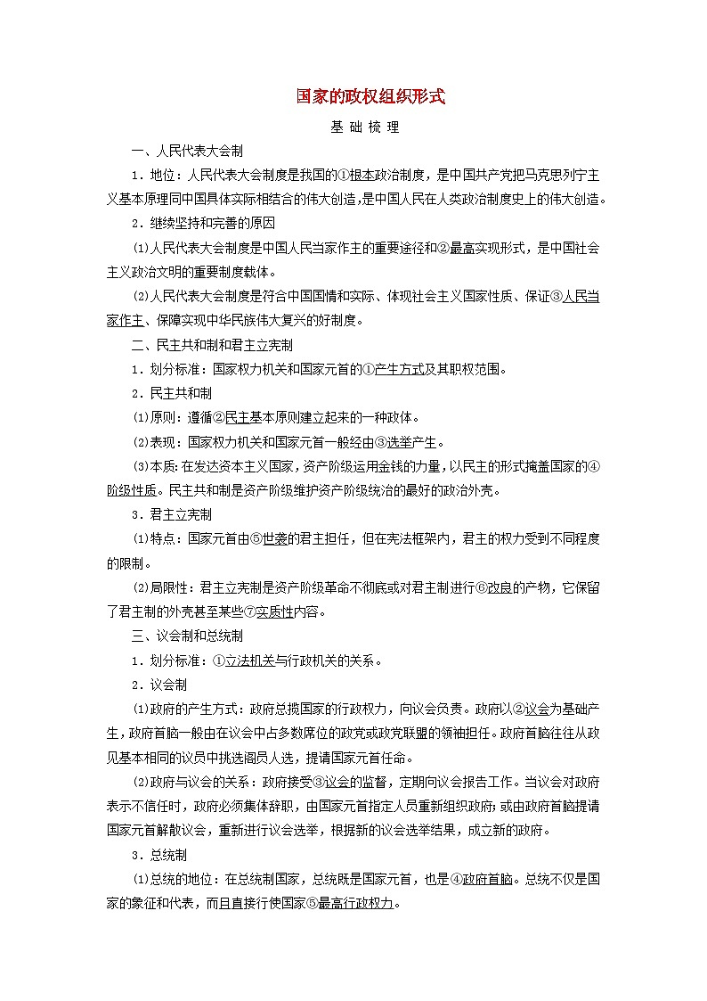 2025高考政治一轮总复习考点精析教案选择性必修1第1单元各具特色的国家第1课国体与政体考点2国家的政权组织形式01