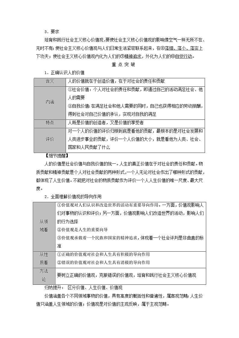 2025高考政治一轮总复习考点精析教案必修4第2单元认识社会与价值选择第6课实现人生的价值考点1价值与价值观02