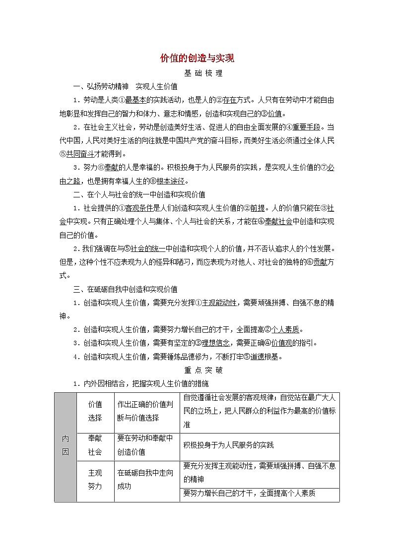 2025高考政治一轮总复习考点精析教案必修4第2单元认识社会与价值选择第6课实现人生的价值考点3价值的创造与实现01