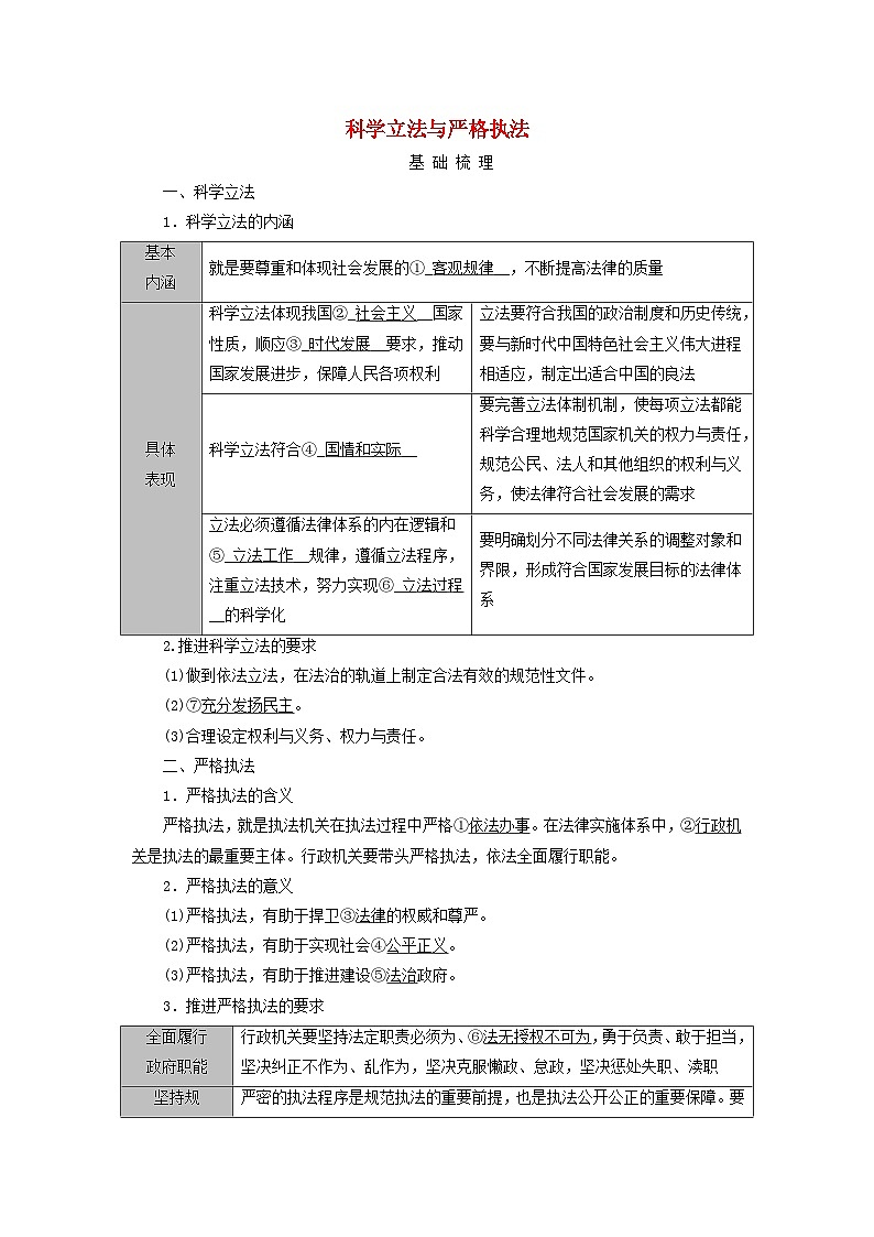 2025版高考政治一轮总复习考点精析教案必修3第3单元全面依法治国第9课全面推进依法治国的基本要求考点1科学立法与严格执法第1页