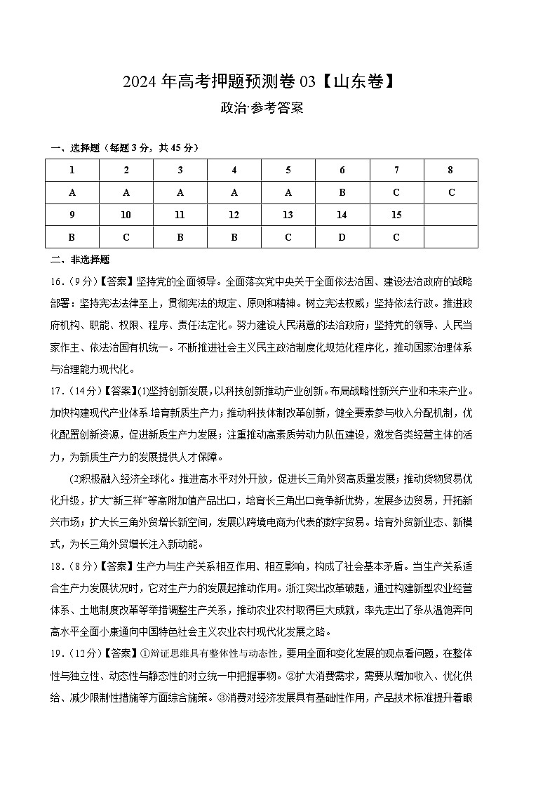 2024年高考押题预测卷—政治（山东卷03）（参考答案））01