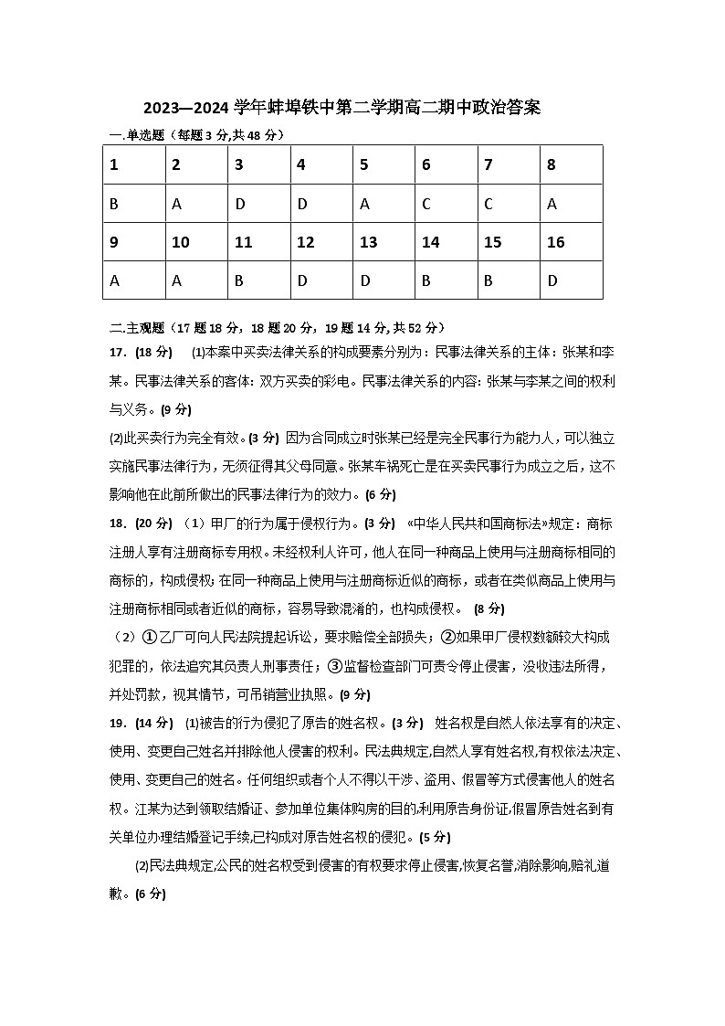 安徽省蚌埠市蚌埠铁路中学2023-2024学年高二下学期期中考试政治试题01