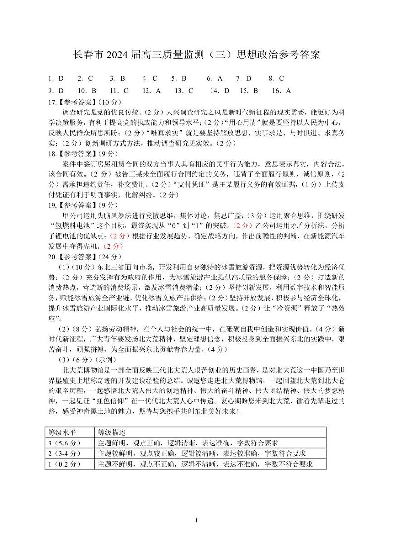 2024年长春市高三下学期4月三模政治试题01