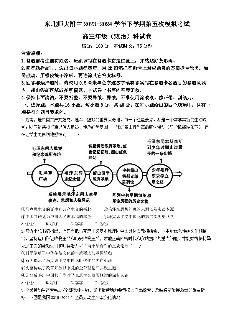 吉林省长春市东北师范大学附属中学2023-2024学年高三下学期第五次模拟考试政治试题(无答案)第1页
