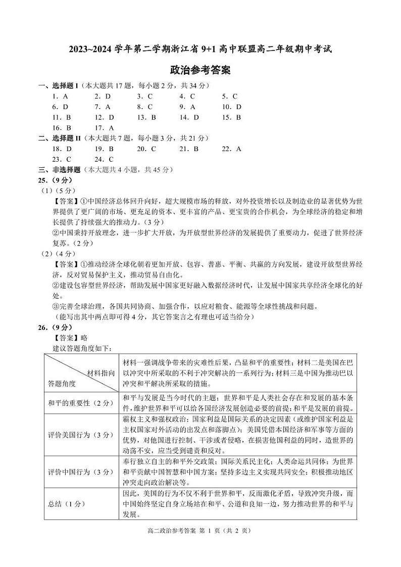 浙江省9+1高中联盟2023-2024学年高二下学期4月期中考试政治试题（PDF版附答案）01
