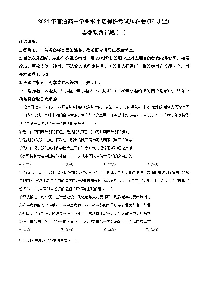 2024届湖北省T8联盟高三下学期压轴考试（二模）政治试卷  （原卷版）第1页