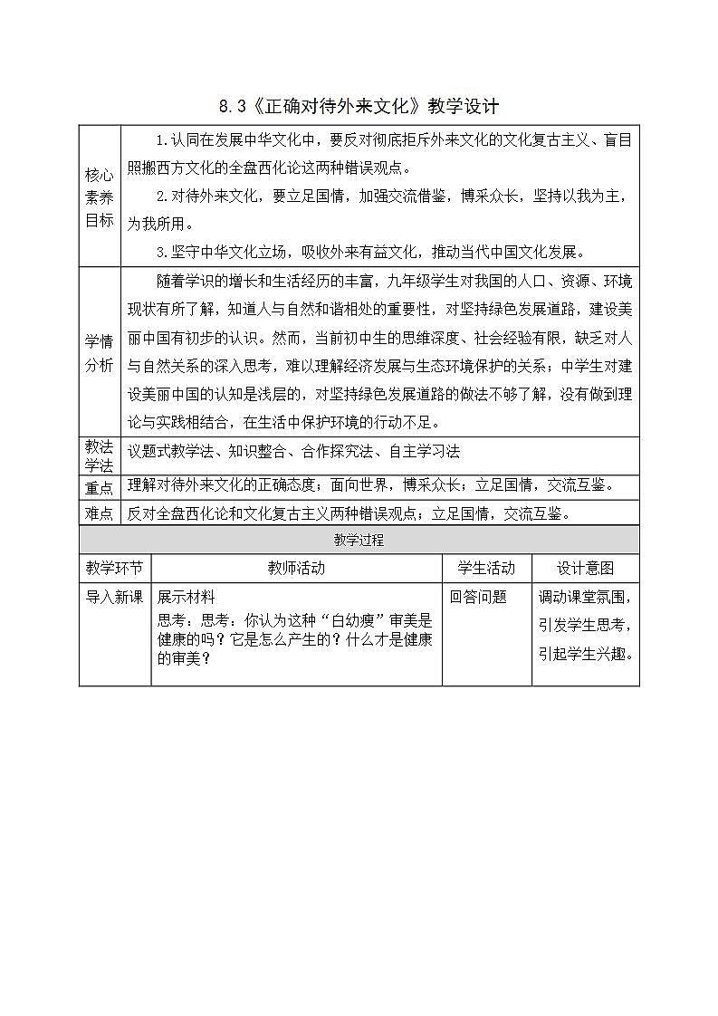 必修四8.3_《正确对待外来文化》教案_人教版思政课件_【课件研究所·自营系列】第1页