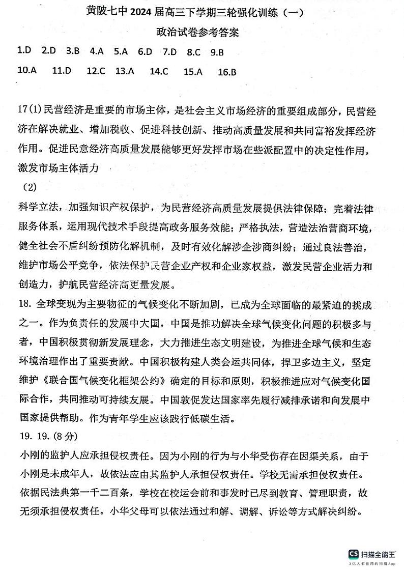 2024届湖北省武汉市黄陂区第七高级中学高三下学期第三次模拟测试政治试题01