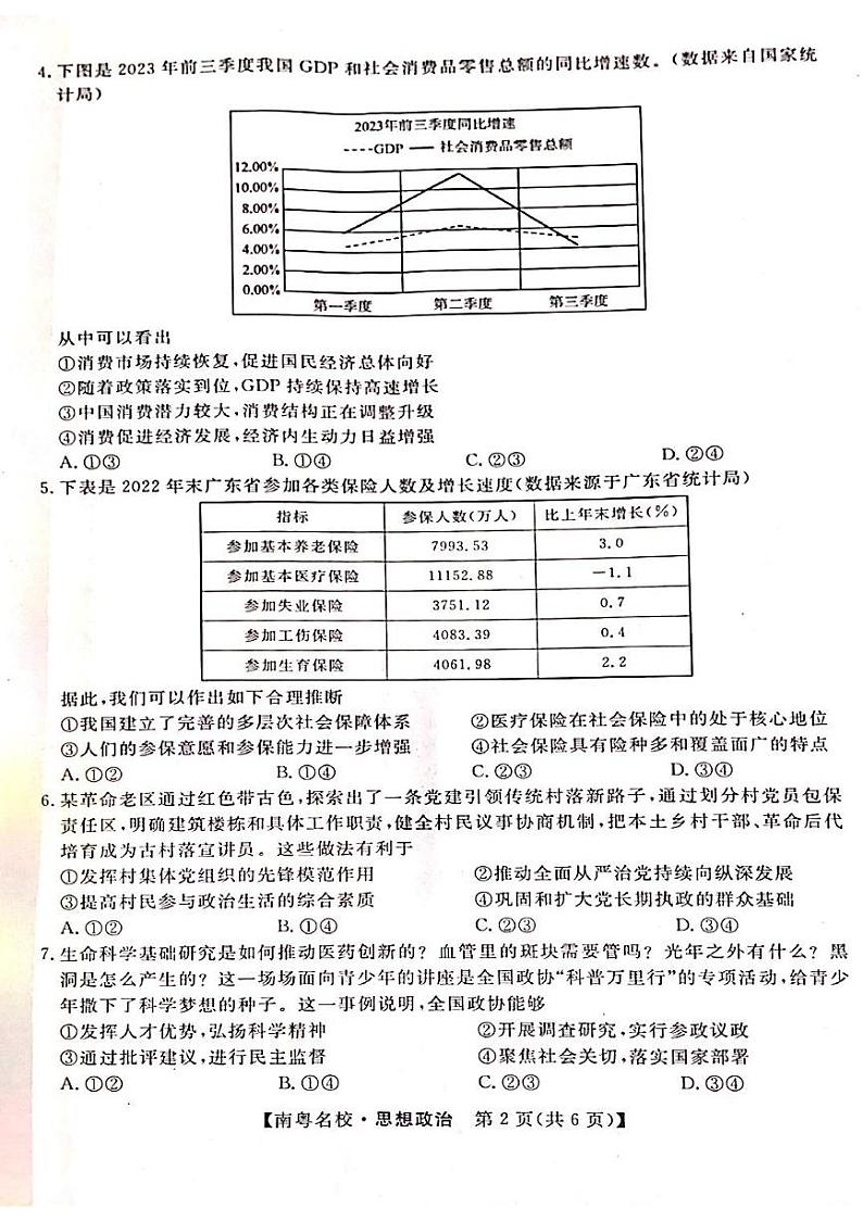 24届广东省普通高中学科综合素养评价2月南粤名校联考思想政治第2页