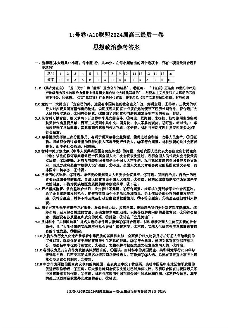 2024A10联盟高三最后一卷政治试卷及参考答案01