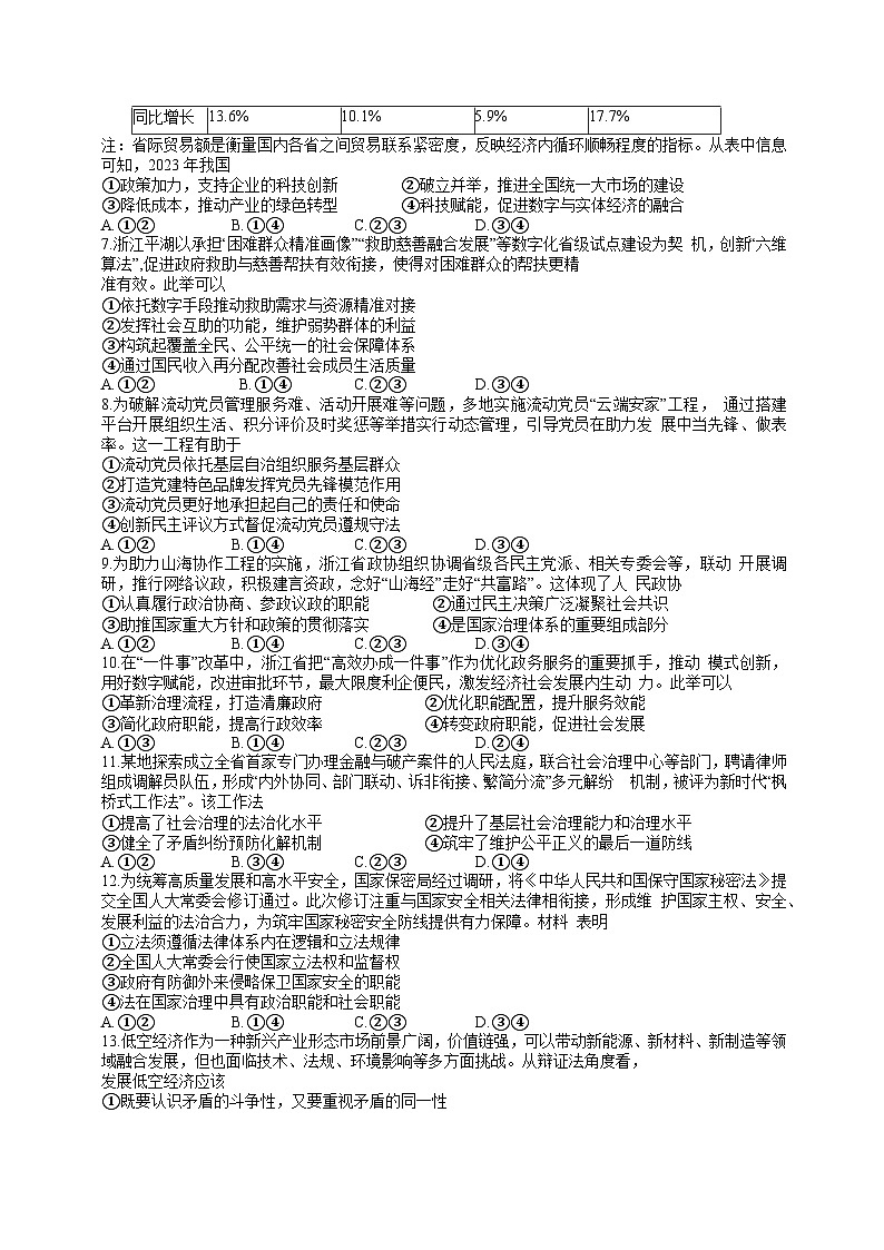 浙江省嵊州市2023-2024学年高三下学期5月选考科目适应性测试政治试卷（Word版附答案）02