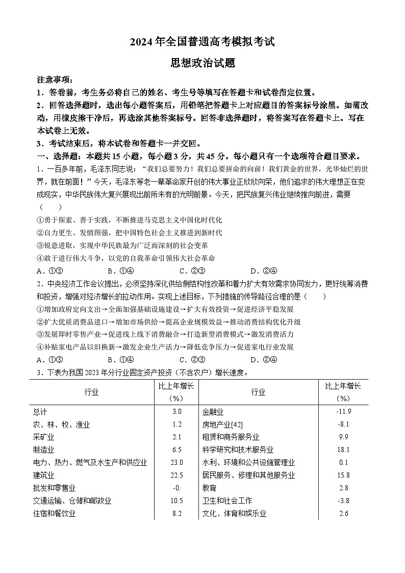 2024山东省高三下学期5月联合模拟考试政治含答案第1页