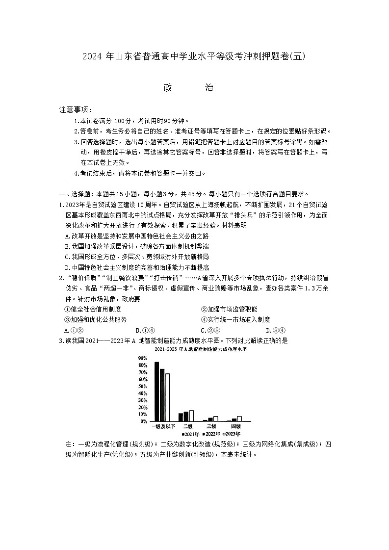 2024届山东省菏泽市普通高中学业水平等级考高考冲刺押题卷（五）政治试题第1页