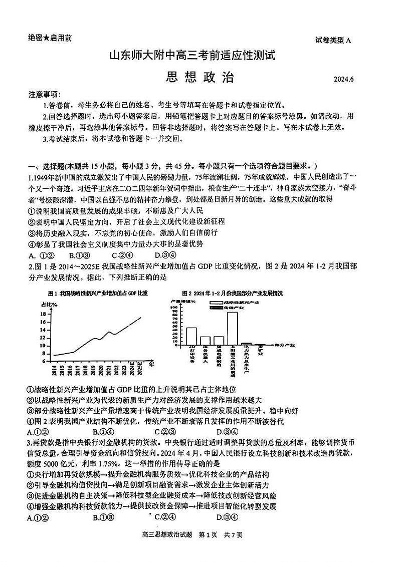 山东省山东师范大学附属中学2024届高三考前适应性测试政治试题+答案第1页