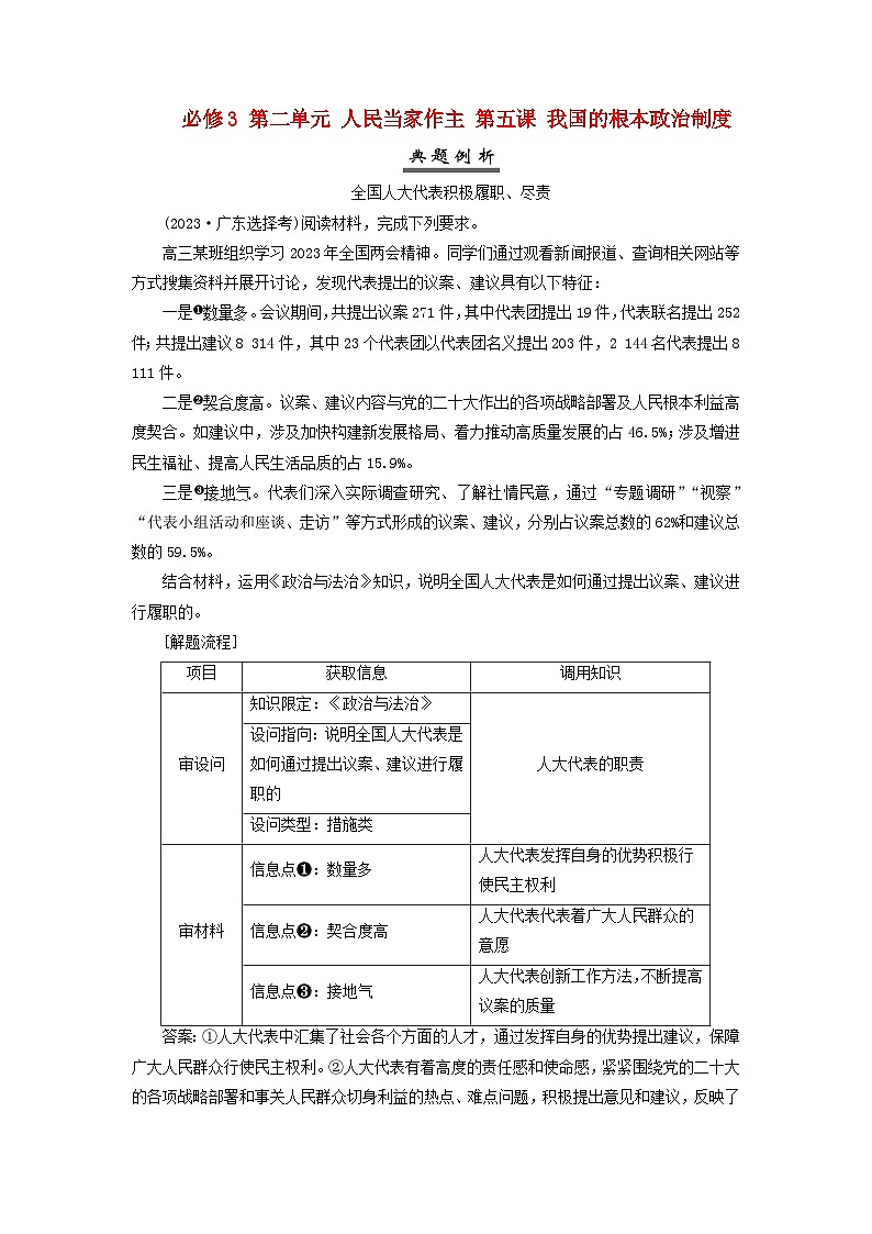 2025届高考政治一轮总复习素养提升训练题必修3第二单元人民当家作主第五课我国的根本政治制度第1页
