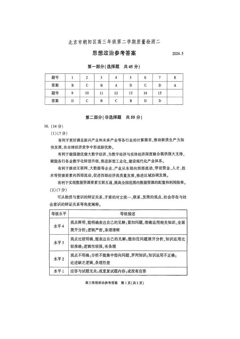2024届北京朝阳高三二模政治试题答案第1页