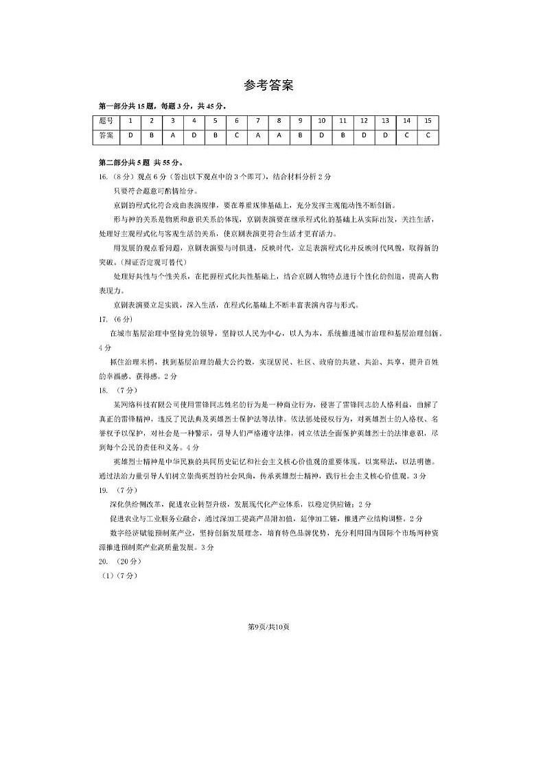 2024届北京延庆高三一模政治试题答案第1页