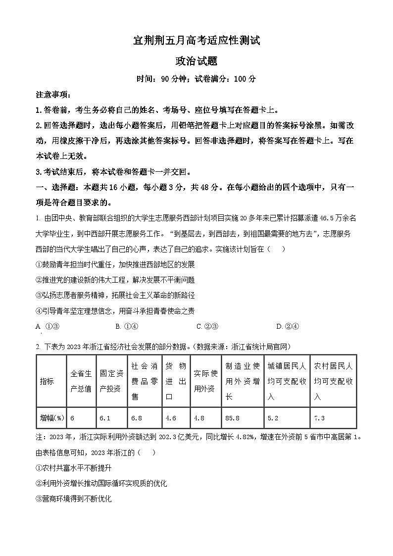 2024届湖北省宜荆荆高三第四次适应性考试政治试题 Word版无答案第1页