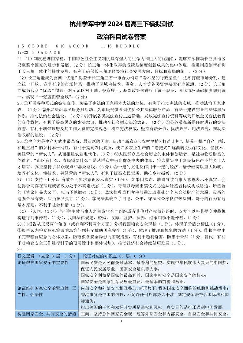 2024届浙江省杭州市学军中学高三下学期6月模拟预测政治试题01