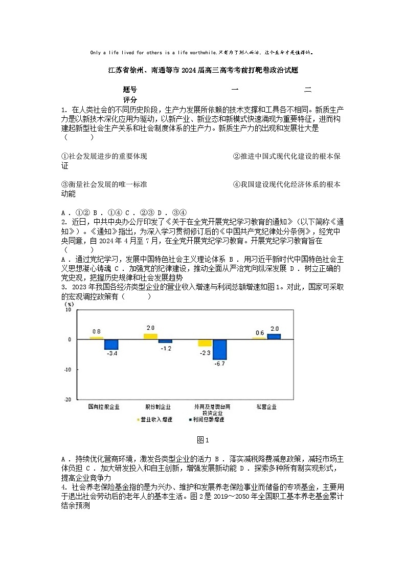 [政治]江苏省徐州、南通等市2024届高三高考考前打靶卷模拟试题01