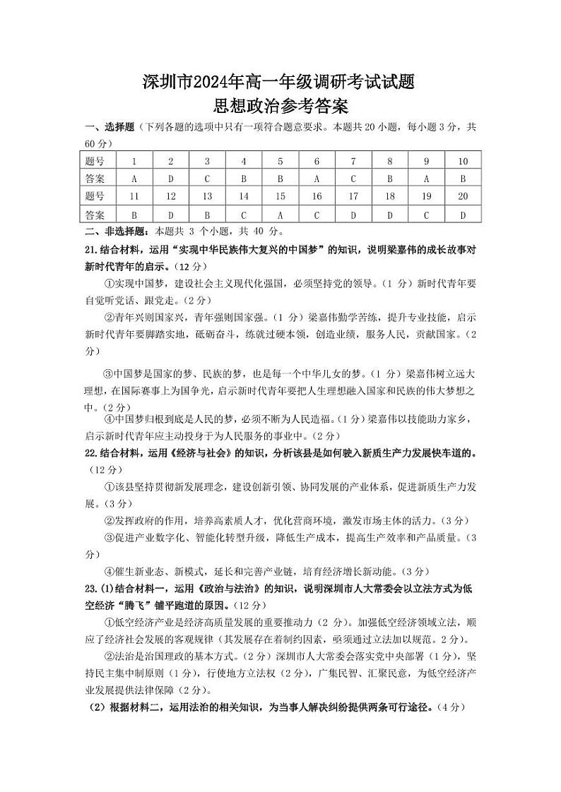 广东省深圳市2023-2024学年高一下学期期末调研考试+政治答案第1页