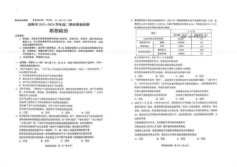 云南省昆明市2023-2024学年高二下学期7月期末考试政治试题01