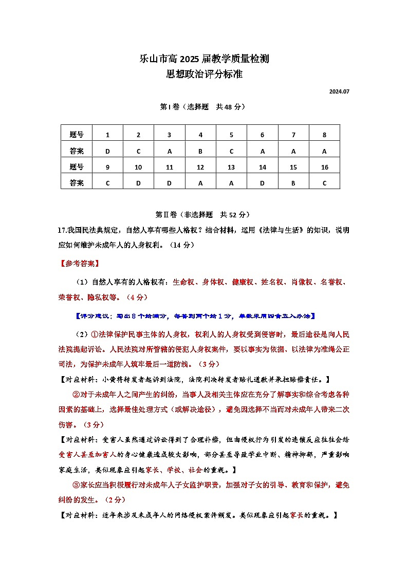 四川省乐山市2023-2024学年高二下学期期末教学质量检测+政治答案第1页