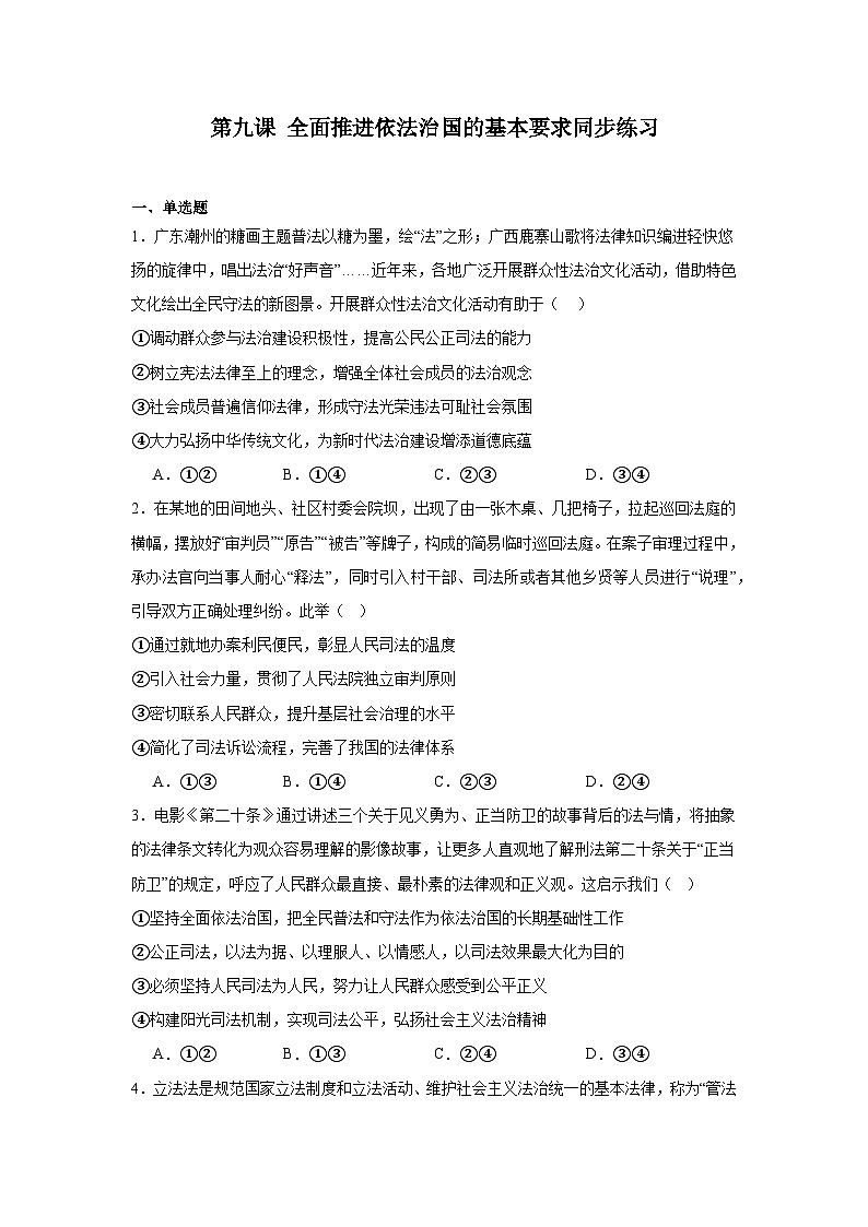 第九课全面推进依法治国的基本要求同步练习-2024-2025学年高中政治统编版必修三政治与法治01