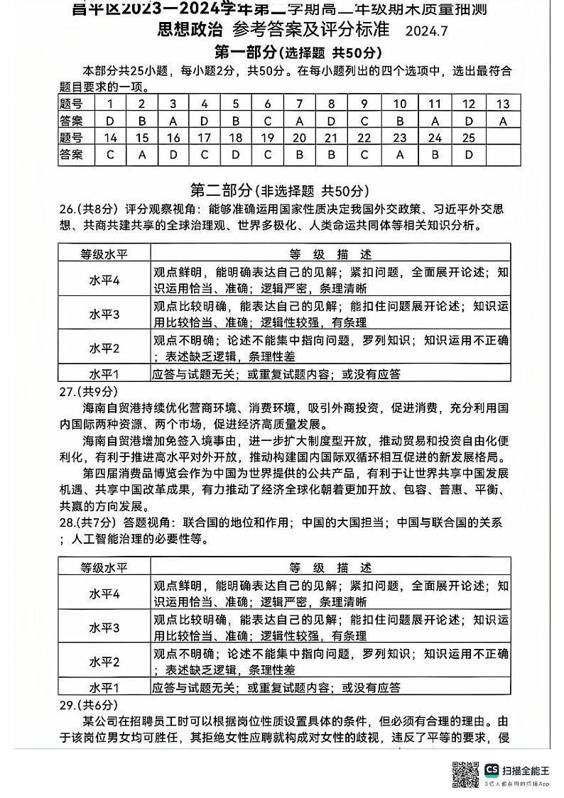 北京市昌平区2023-2024学年高二下学期期末考试政治试题01