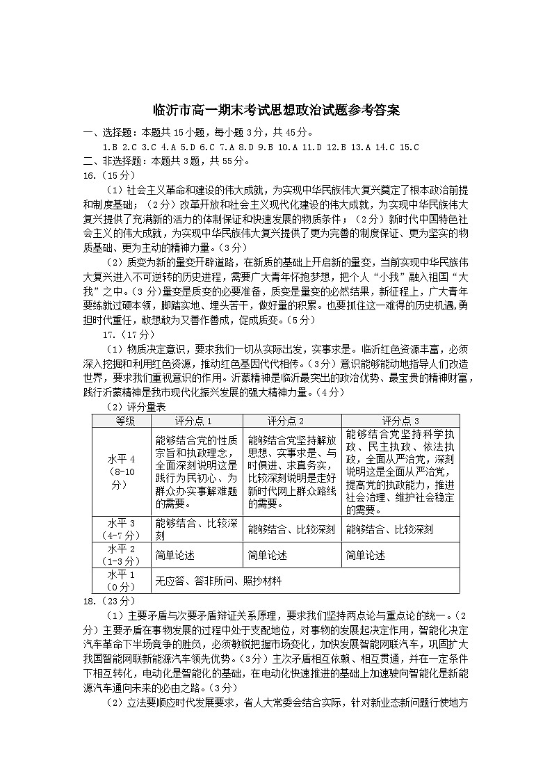 临沂市高一期末考试思想政治试题参考答案第1页