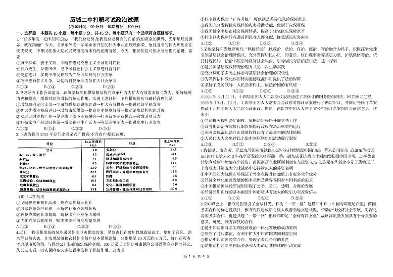 政治-【百强校】山东省济南市历城二中高三2024年6月高考打靶考试试题和答案01