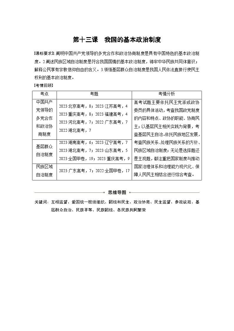 必修3 第十三课　课时一　我国的政党制度和基层群众自治制度-2025年高考政治一轮复习课件01
