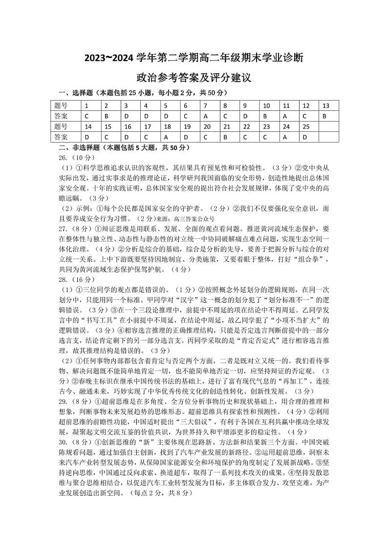 2024年山西太原高二下学期期末政治试题及答案01