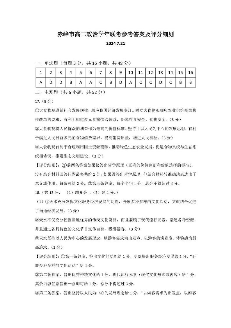 内蒙古自治区赤峰市2023-2024学年高二下学期7月期末考试政治试题01
