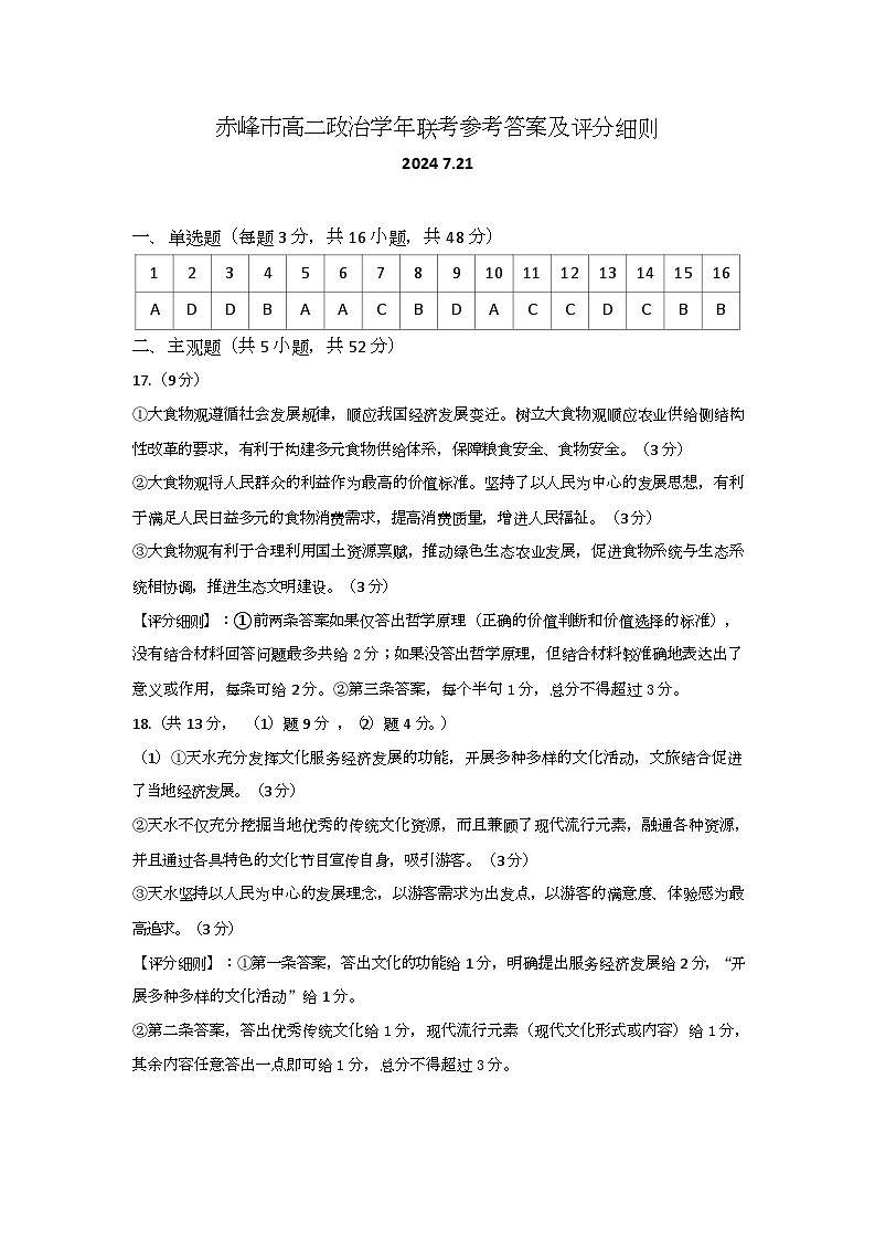 内蒙古自治区赤峰市2023-2024学年高二下学期7月期末考试政治试题01
