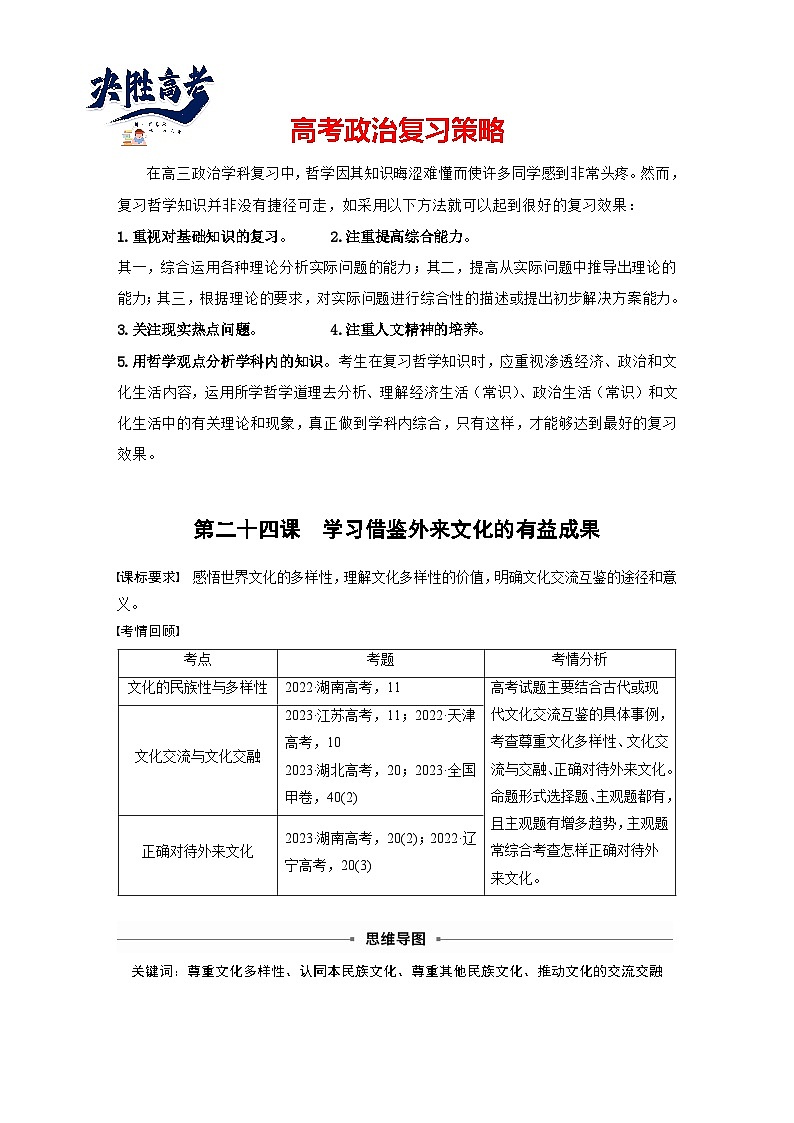 2025年高考政治大一轮复习 必修4 第二十四课　学习借鉴外来文化的有益成果（课件+讲义）01