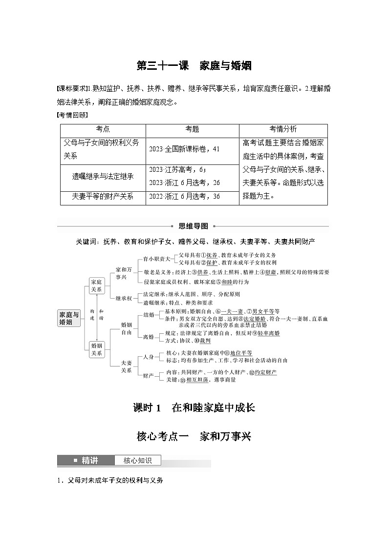 选择性必修2 第三十一课　课时1　在和睦家庭中成长（教师版）第1页