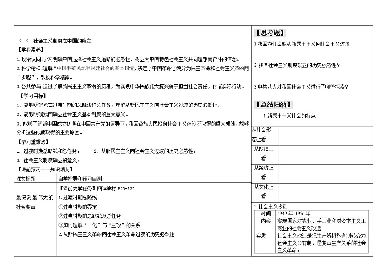 2024-2025学年度统编版高中政治必修一2.2《社会主义制度在中国的确立》导学案01