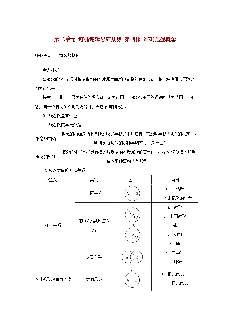 2025版高考政治全程一轮复习核心突破练习选择性必修3第二单元遵循逻辑思维规则第四课准确把握概念第1页
