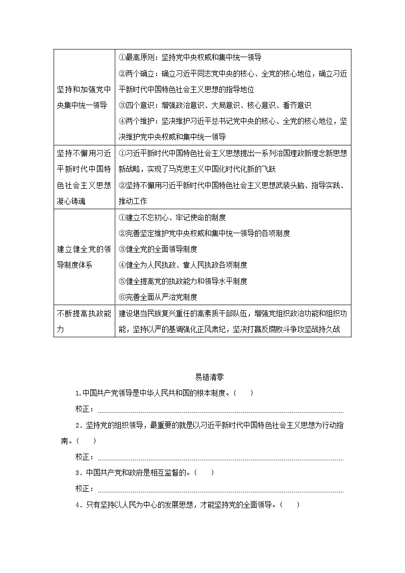 2025版高考政治全程一轮复习核心突破练习必修3第一单元中国共产党的领导第三课坚持和加强党的全面领导02