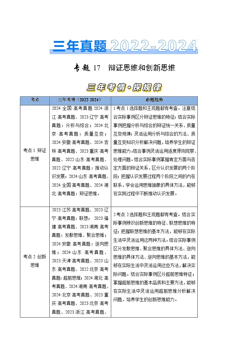 专题17 辩证思维和创新思维-三年（2022-2024）高考政治真题分类汇编（解析版）第1页
