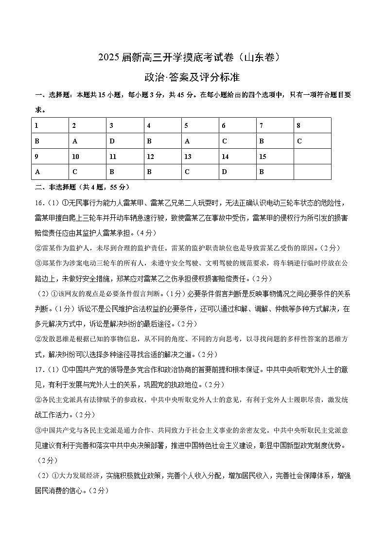 【开学考】新高三上册开学摸底考试卷政治2025届（山东专用）01