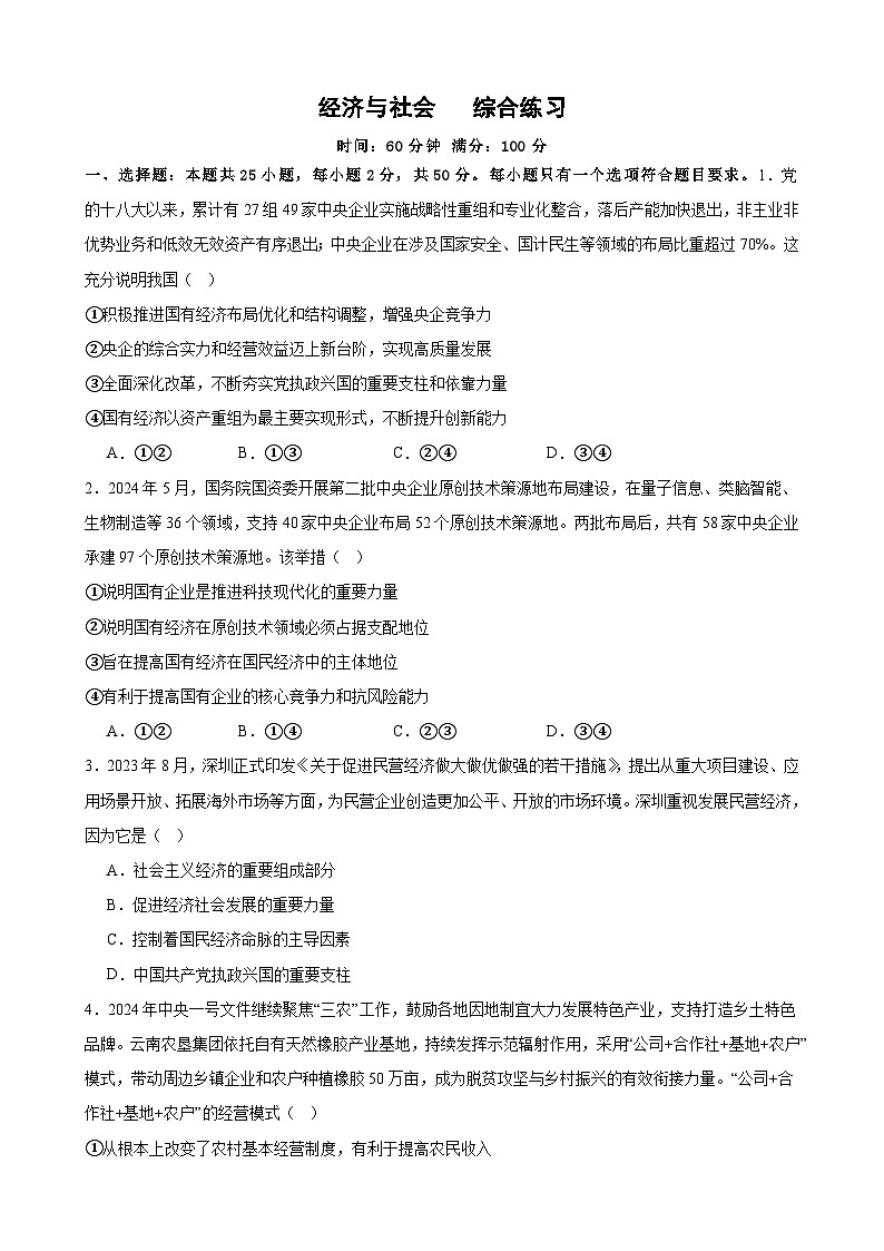 经济与社会   综合练习2024-2025学年度高中政治统编版必修二经济与社会01