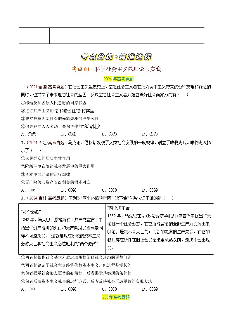三年（2022-2024）高考政治真题分类汇编专题01 中国特色社会主义（原卷版）02