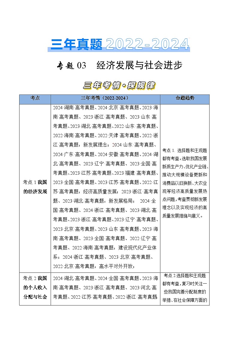 三年（2022-2024）高考政治真题分类汇编专题03 经济发展与社会进步（原卷版）01