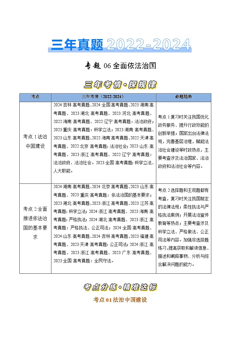 三年（2022-2024）高考政治真题分类汇编专题06 全面依法治国（解析版）01